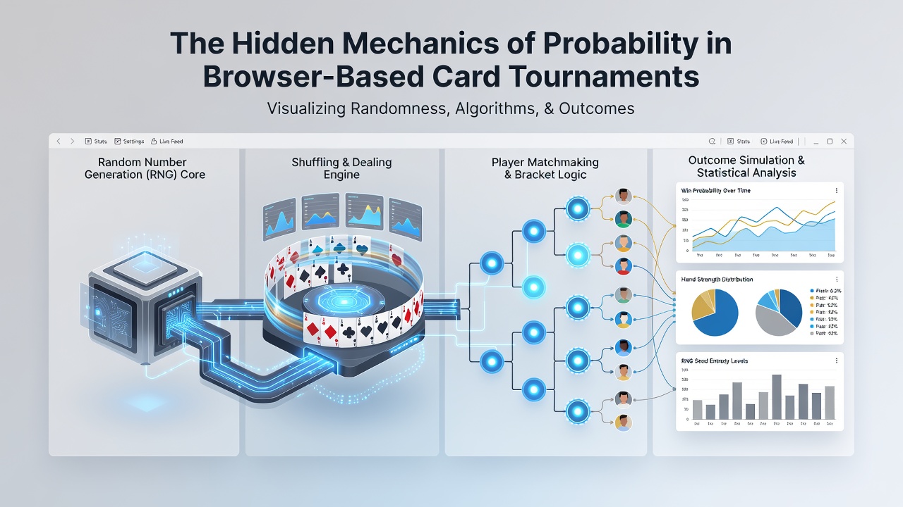 Server architecture diagram illustrating distributed random number generation across browser-based tournament networks