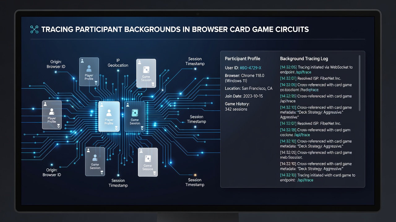 Network diagram depicting connections between user devices and card game servers with highlighted tracing nodes
